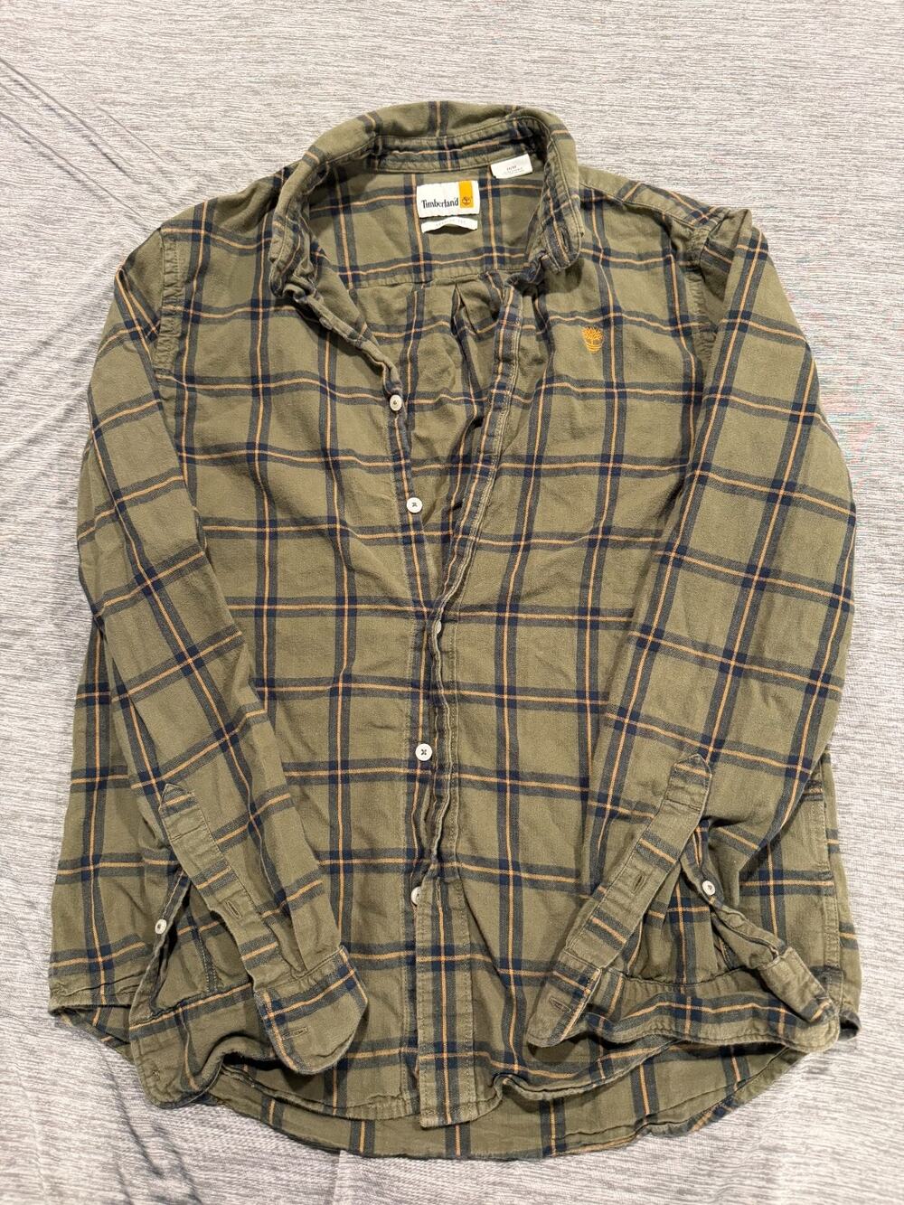 Timberland Mens Shirt Medium Green Plaid Thick Flannel Collared Cotton Button Up